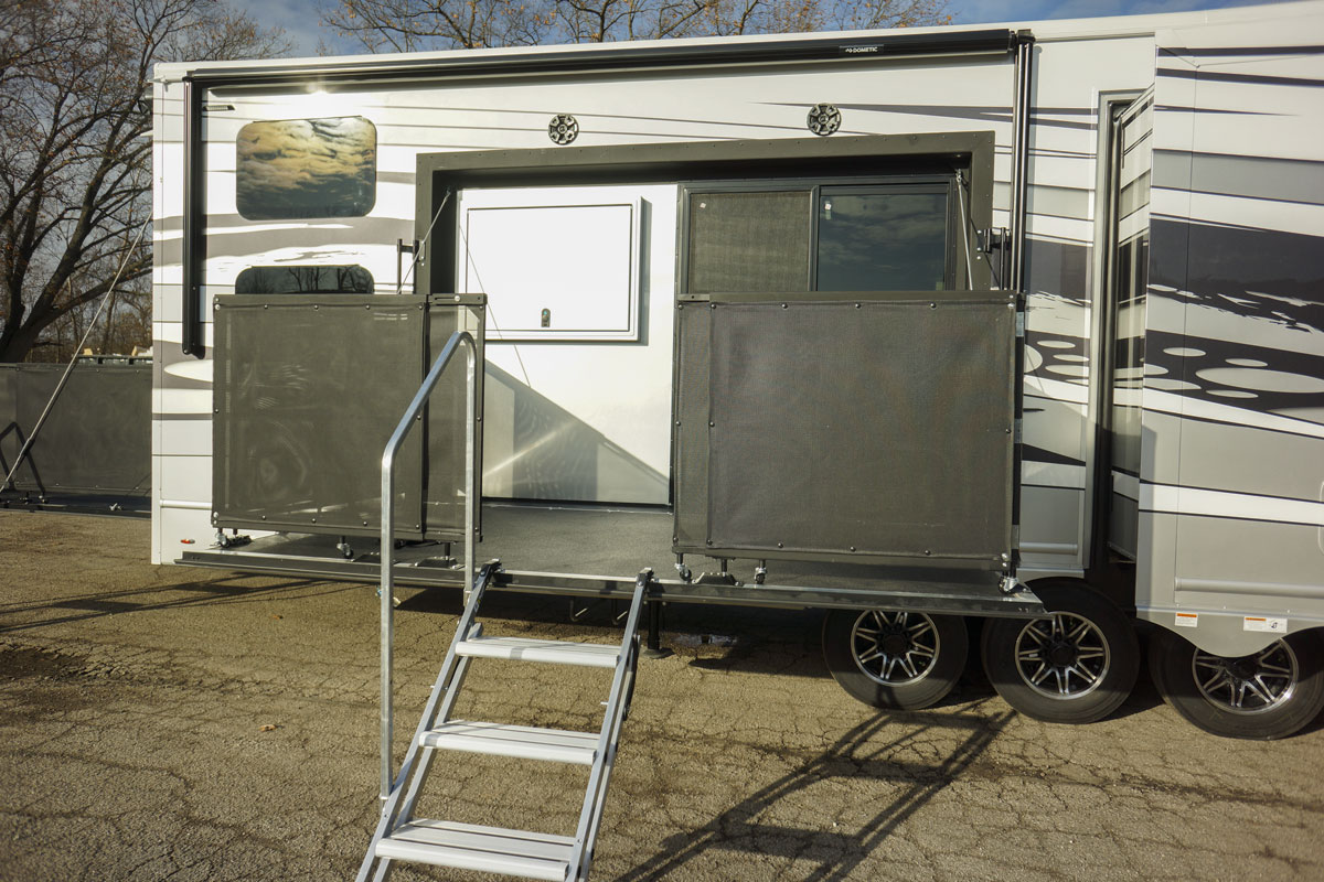 luxury toy hauler 5th wheel side patio